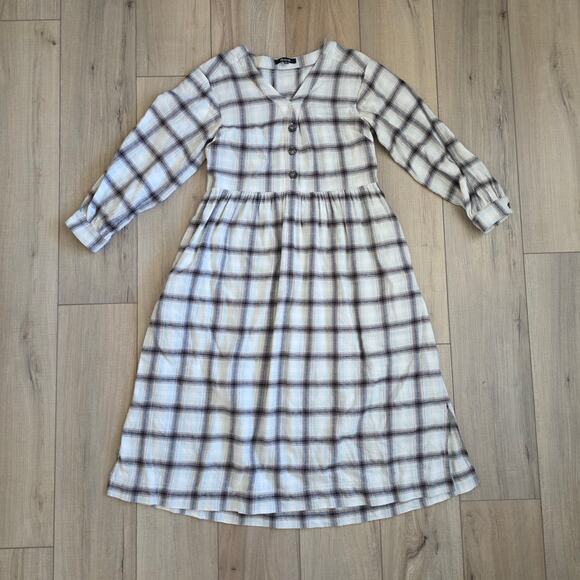 Madewell Flannel Button-Front Midi Dress Blue/Cream Women Sz 00 - Picture 4 of 9